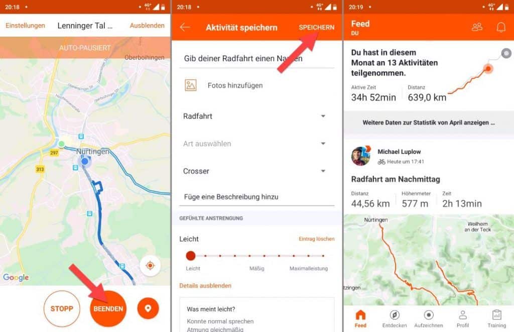 Strava App Training speichern