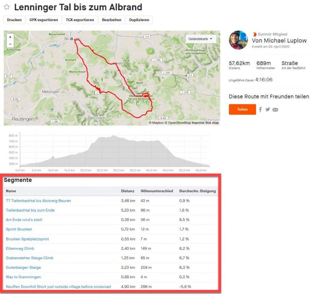 Strava Routenplaner Segmente geplante Strecke