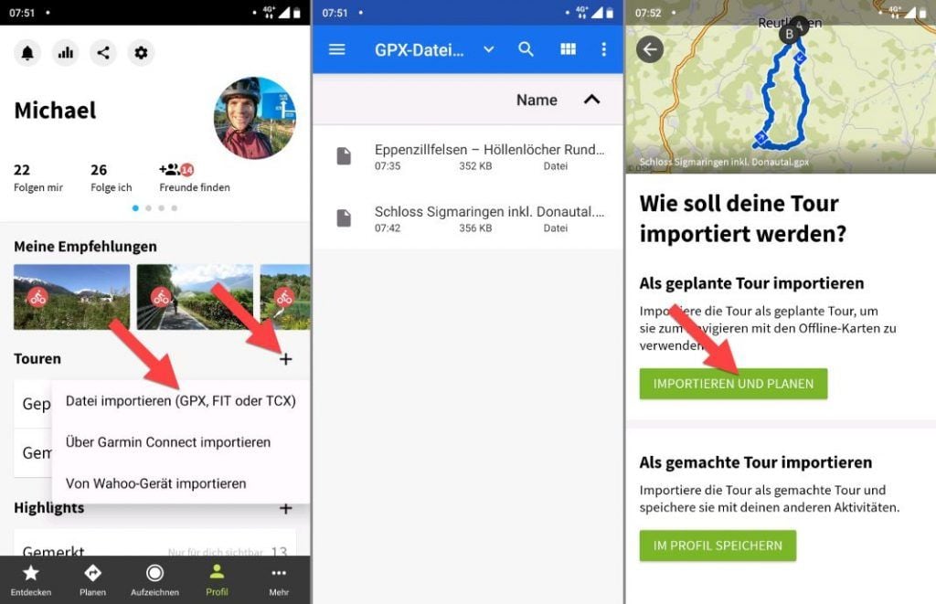 komoot GPX Importieren Android