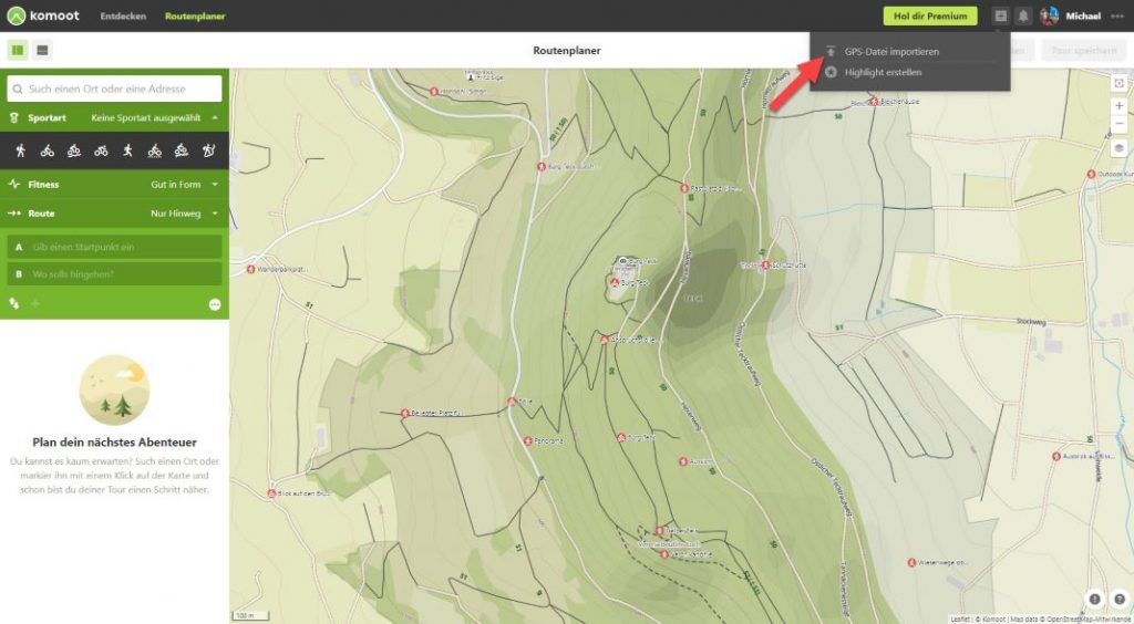 komoot GPX importieren Routenplaner