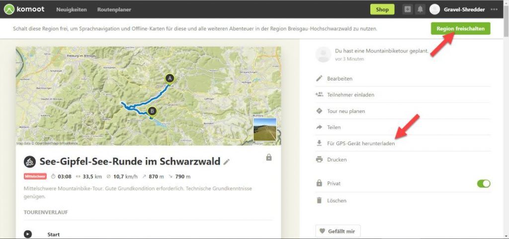 komoot Region freischalten download GPX