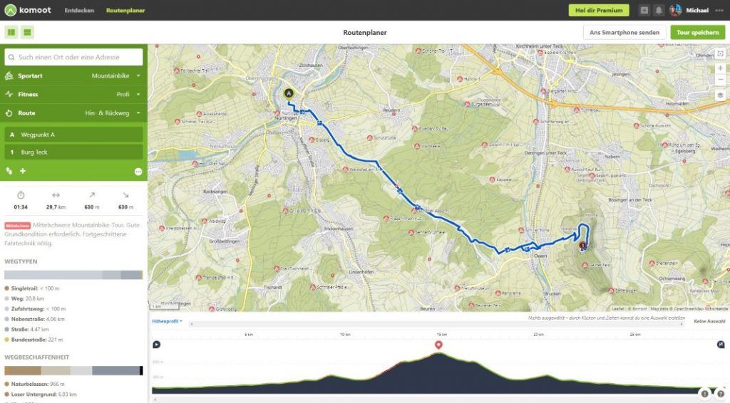 komoot Routenplaner Tour planen Hin Rueckweg