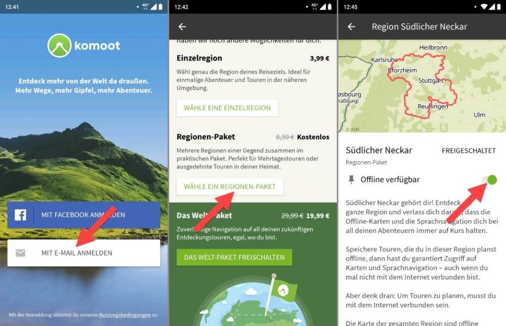 komoot login offline Karten
