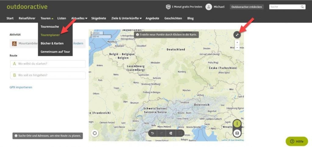 Outdooractive Test Tourenplaner starten