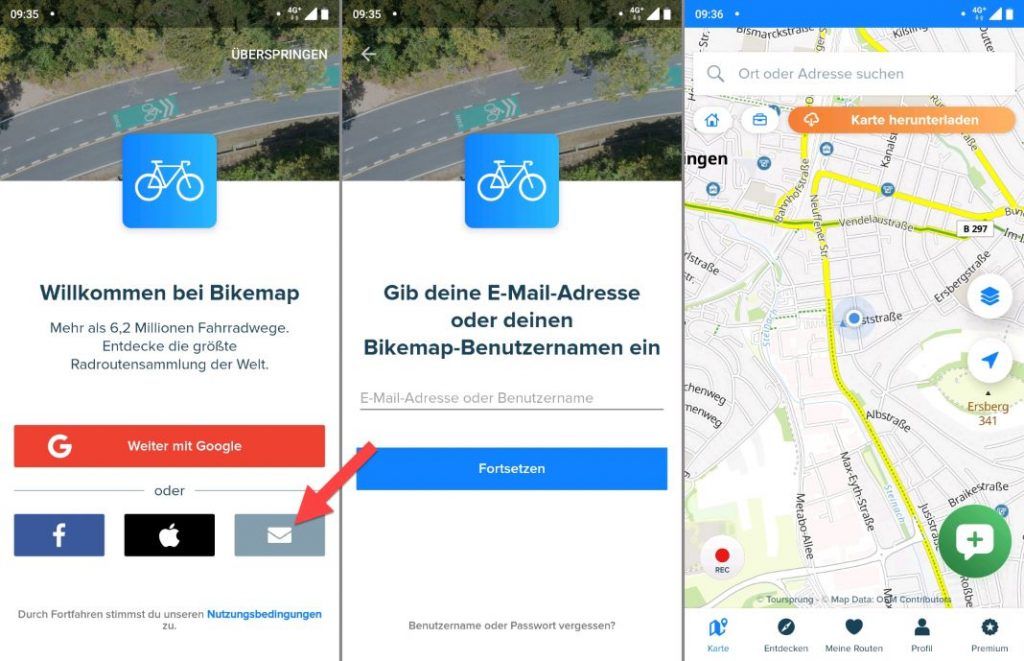 Bikemap App Test Login Bildschirm