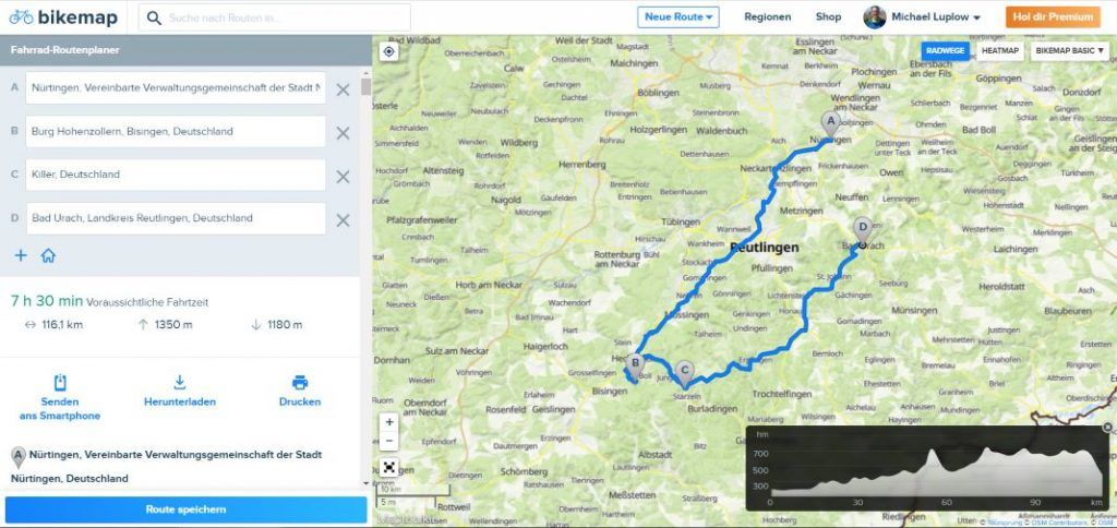 Bikemap Routenplaner Route erstellen mit Zwischenzielen