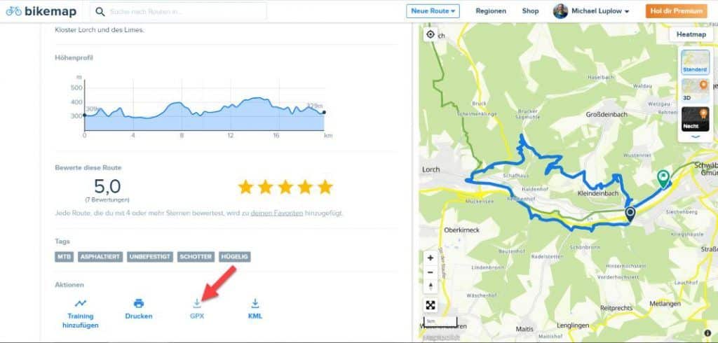 Bikemap XML Export Download im Web