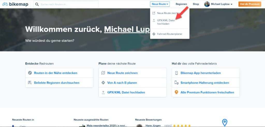 Bikemap XML Import Upload im Web